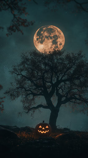 Haunted tree with pumpkins, full moon, digital style