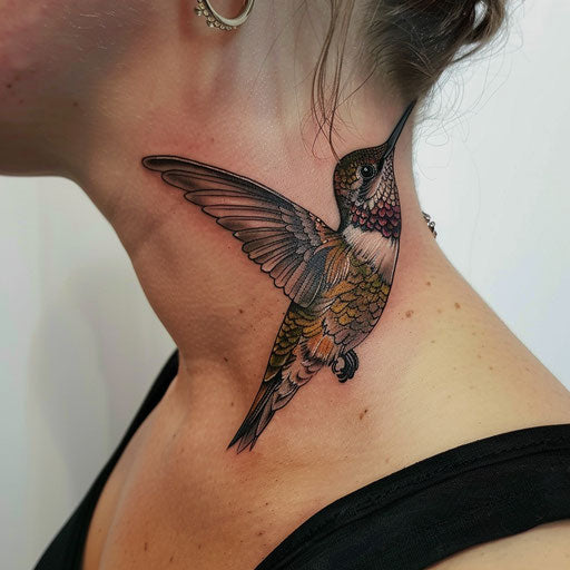 Realism tattoos of a hummingbird in motion on the neck