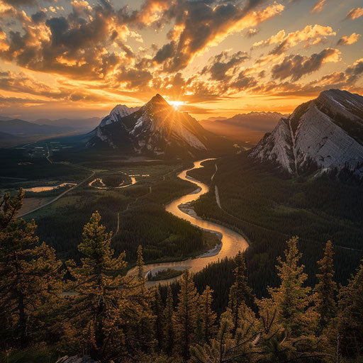 Sulphur Mountain, Canada with winding river, golden sunset