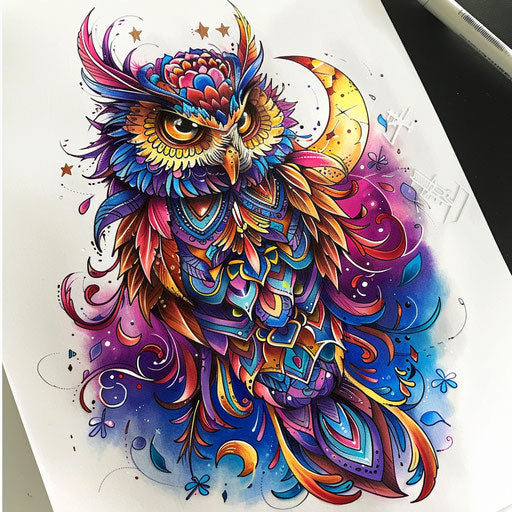 Tattoo sketch of a mystical owl with a crescent moon, intricate details and vibrant colors