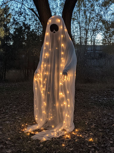 Glowing Halloween ghost costume in the yard