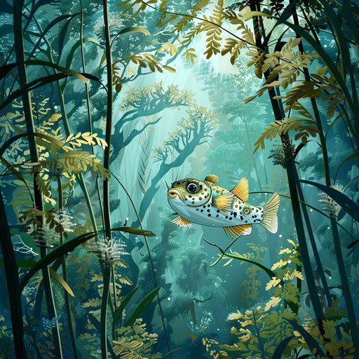 Puffer fish navigating through a kelp forest