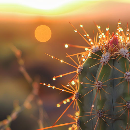 Cactus with dewdrops at blurred desert sunrise
