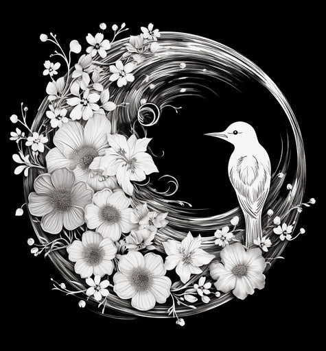 Black sketch style yin yang symbol with flowers on white