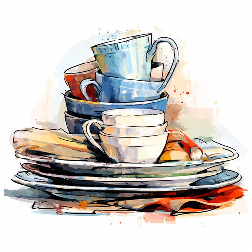 Dishes clipart in the style of Impressionistic Art, on white background
