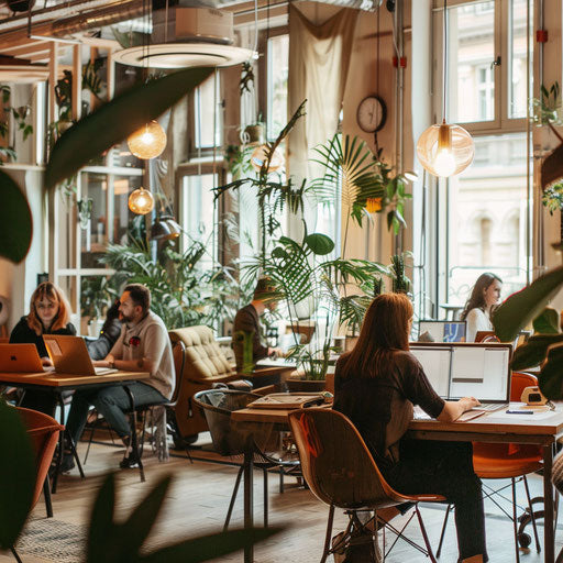 Stylish coworking space with freelancers working on laptops