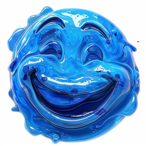 Blue smiling emotion icon with crooked jaw