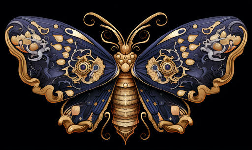 The skull moth in purple and blue is illustrated in black and white, in the style of dark bronze and yellow, detailed character design, colorful realism, made of insects, golden age illustrations, light orange and indigo