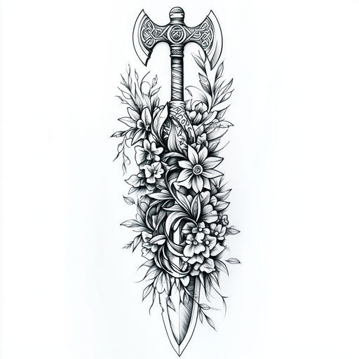 Viking sleeve tattoo with axes and floral designs
