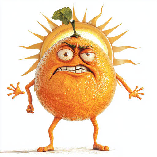 Humorous caricature of an orange caricature clipart with human characteristics, exaggerated rosy cheeks, long arms, next to a smiling sun, vibrant colors, cartoon style, frowning, high-resolution, no background, isolated