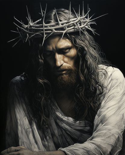 Jesus with crown of thorns, photorealistic drawing style