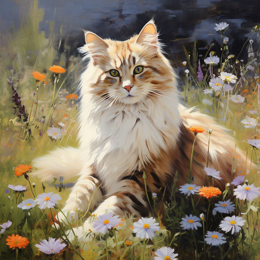 Norwegian forest cat in a field of flowers