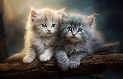 Two kittens sitting on a tree in a house, in the style of light teal and dark silver, light silver and dark brown 17:11