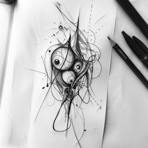 Minimalist flat tattoo sketch with bold lines illustrating the concept of chaos