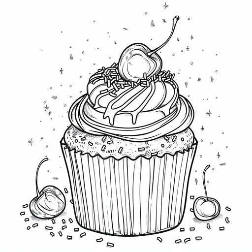 A large cupcake with sprinkles and a cherry on top. Coloring book page