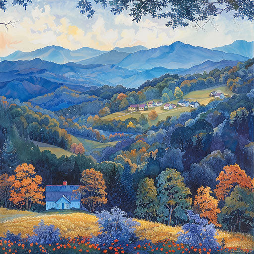 Image of Western North Carolina mountains with beautiful views of Blue Ridge mountains and small village area