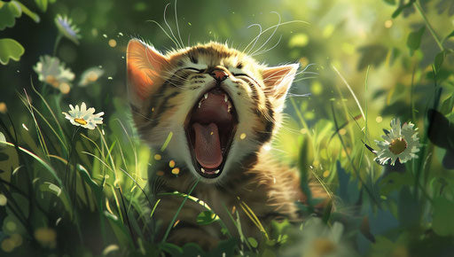 Kitten yawning in grass, smilecore style, dreamy symbolism