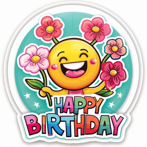 Happy birthday with a smiling emoji and flowers