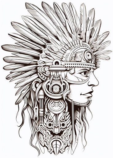 White mask of a Native American tribe with headdress and feathers