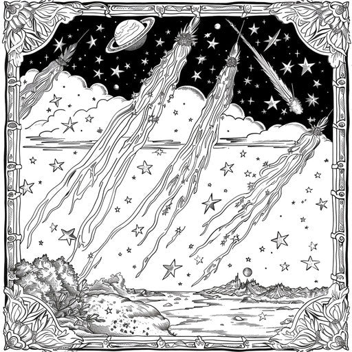Starry sky with shooting stars and comets. Coloring book page