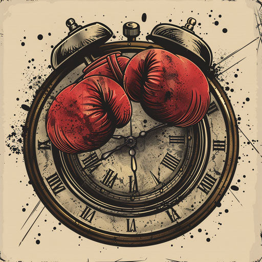 Vintage tattoo sketch of an old-school gym timer with boxing gloves, in classic red and black, clipart style