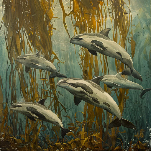 Herd of porpoises swimming gracefully in a forest of underwater kelp