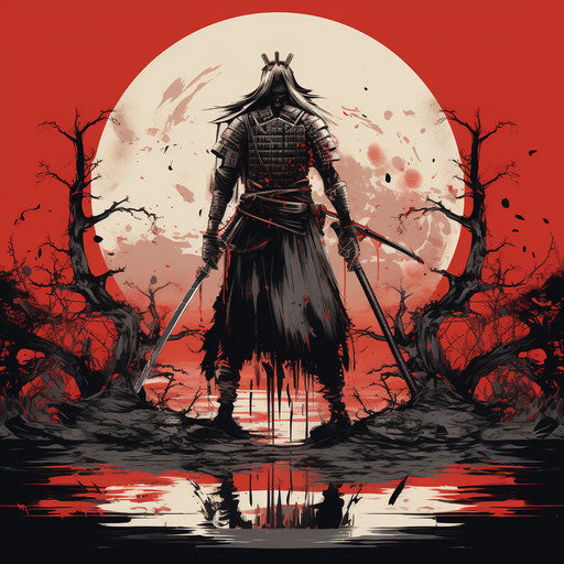 Samurai warrior in inky shadows, apocalyptic style