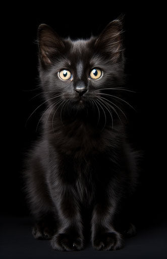 Black kitten walks on white background, darkly comedic