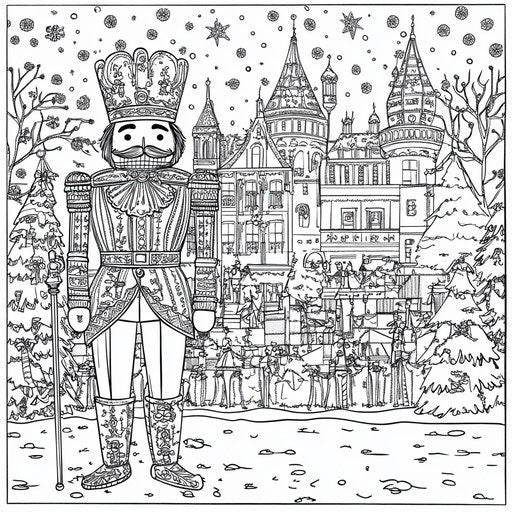 The Nutcracker in a whimsical Christmas setting, in the style of Megan Hess, Coloring book page