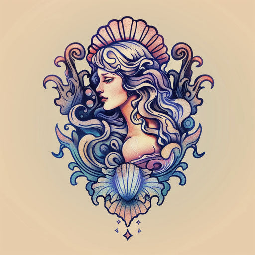 Elegant flat tattoo sketch of Venus in a seashell