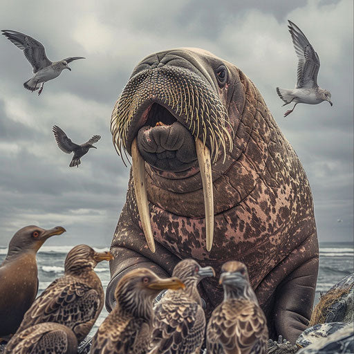 Playful walrus interacting with seabirds