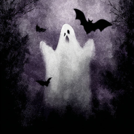 Ghost and bats in a Halloween scene