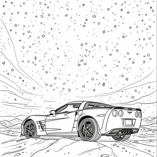Corvette under starry night sky, coloring book page