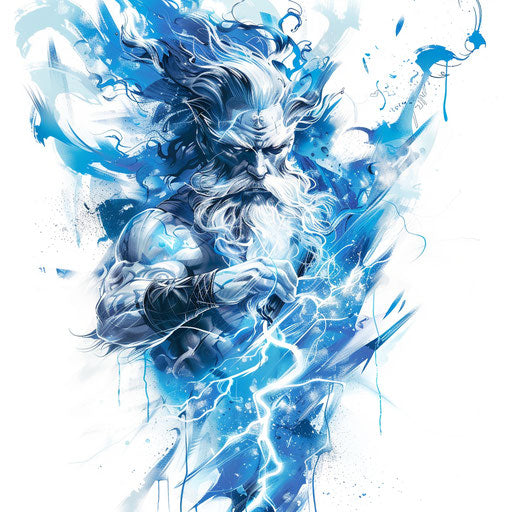Thunder god tattoo in electric blues and whites