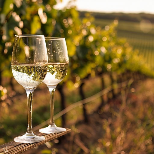 Wine glasses among vineyards, representing a winery tour