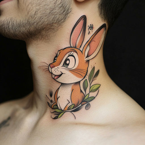 Tiny neck tattoos in the style of Humberto Ramos featuring a playful cartoon critter
