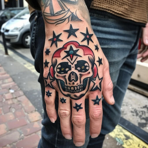Skull hand tattoo in the style of Sailor Jerry with nautical star motifs