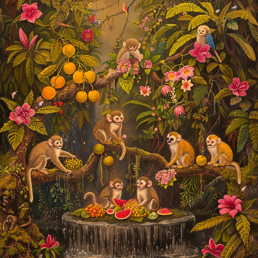 Fruit feast organized by monkeys in the jungle