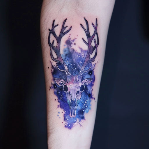 Surreal deer skull tattoo with cosmic elements