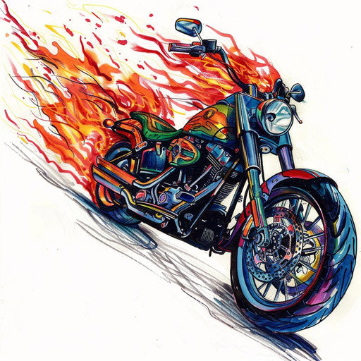 Colorful motorcycle tattoo design with vibrant flames
