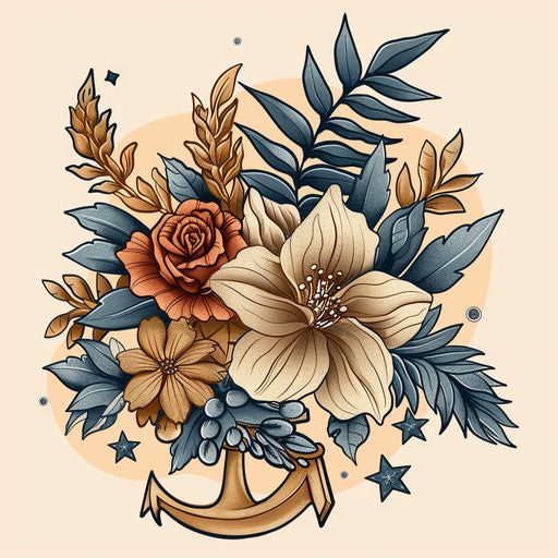 Seaside-inspired flower bouquet in nautical tattoo style