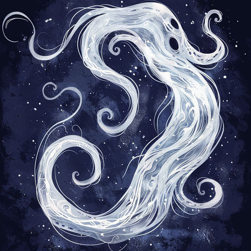 Eerie flat tattoo sketch of a spiraling ghost trail, ghostly whites and blues, clipart style