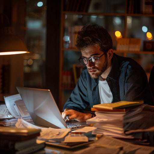 Late-night financial analyst with laptop and documents