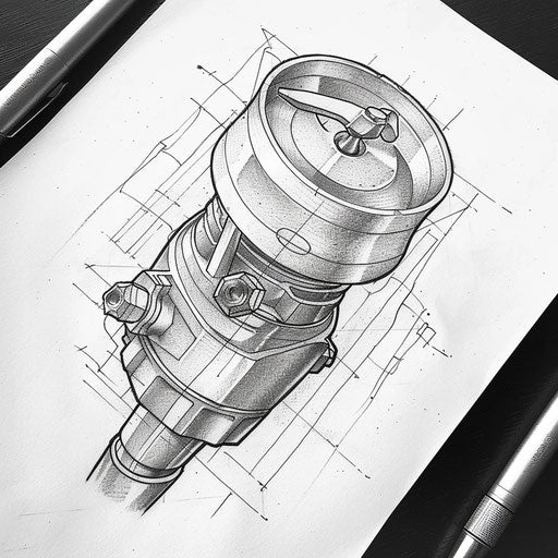 Rustic flat tattoo sketch of a vintage piston