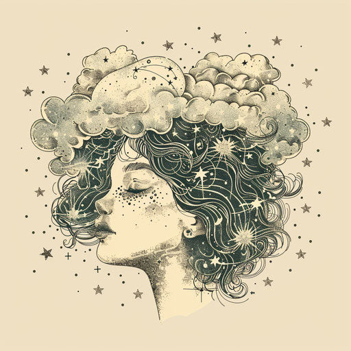 Whimsical Virgo constellation tattoo sketch with clouds