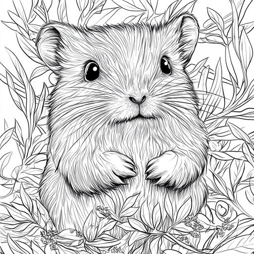 Coloring book page - Hamster with fine line work and detailed textures