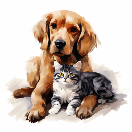 Dog and cat clipart in the style of Oil painting, on a white background
