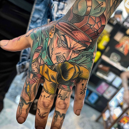 Hand tattoo with a dynamic comic book character