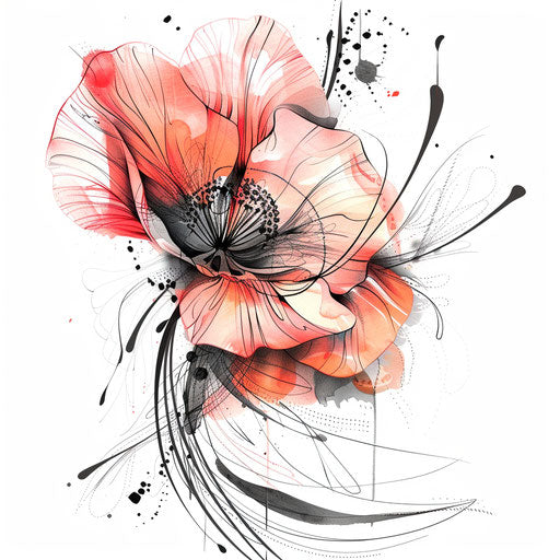 Stylized poppy tattoo artwork with blend of abstract elements
