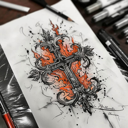 Bold and dark flat tattoo sketch with the Cruz surrounded by fiery flames
